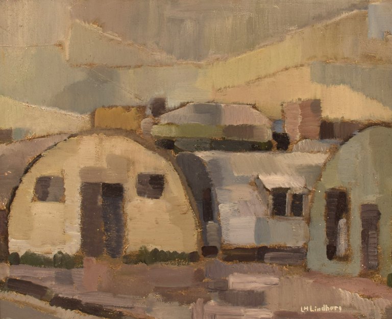 L.H. Lindberg, Sweden. Oil on board. Modernist landscape with houses. 1960s / 
70s.
