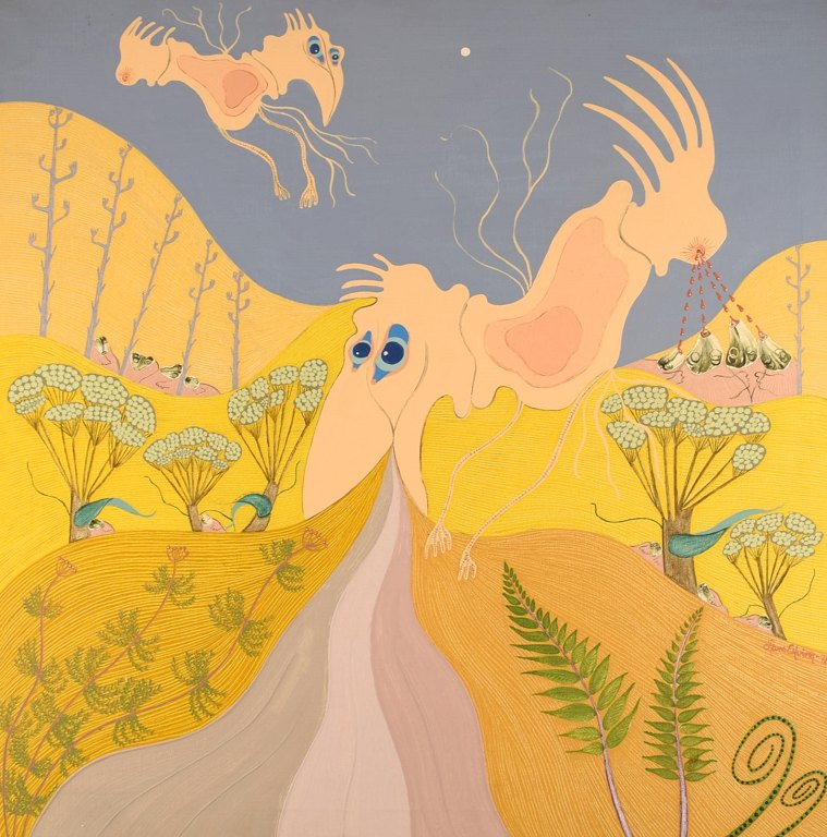 Hans Elfving, Sweden. Oil and collage on canvas. Surrealistic landscape with 
fantasy creatures. Dated 1978.
