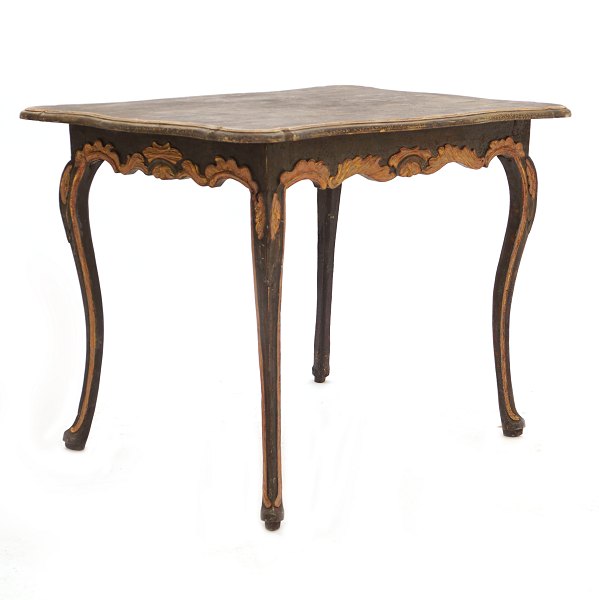 Mid 18th century Rococo table, black painted. Table with cabriole legs and gilt 
cuts. Sweden circa 1760. H: 77cm. Top: 72x103cm