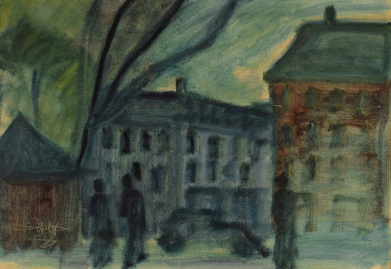 Svend Aage Tauscher (1911-1984), Danish artist. Oil on canvas. Modernist urban 
scenery. Dated 1964.
