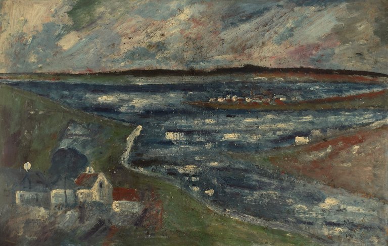 Svend Aage Tauscher (1911-1984), Dansk kunstner. Olie på lærred. Modernistisk 
landskab. Midt 1900-tallet.
