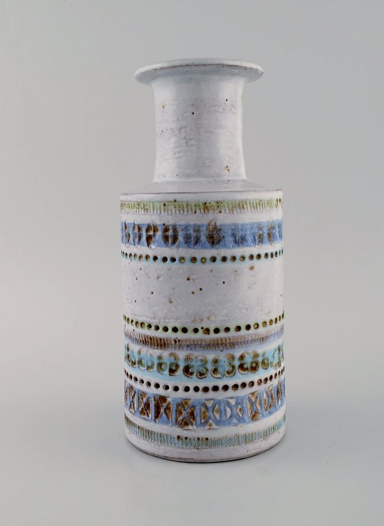 Bitossi vase in glazed ceramics. Beautiful glaze in light blue shades. Striped 
design. Mid-20th century.
