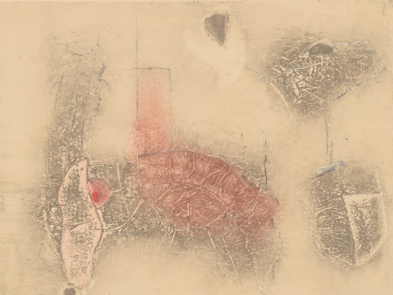 Selma Daffre (b. 1951), listed Brazilian artist. Collograph on paper. "Linhas". 
Numbered 4/9. Dated 1997.

