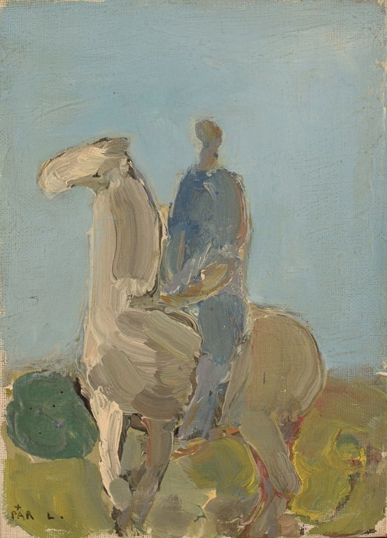 Pär Lindblad (1907-1981), svensk kunstner. Olie på lærred. Mand på hest. Midt 
1900-tallet.
