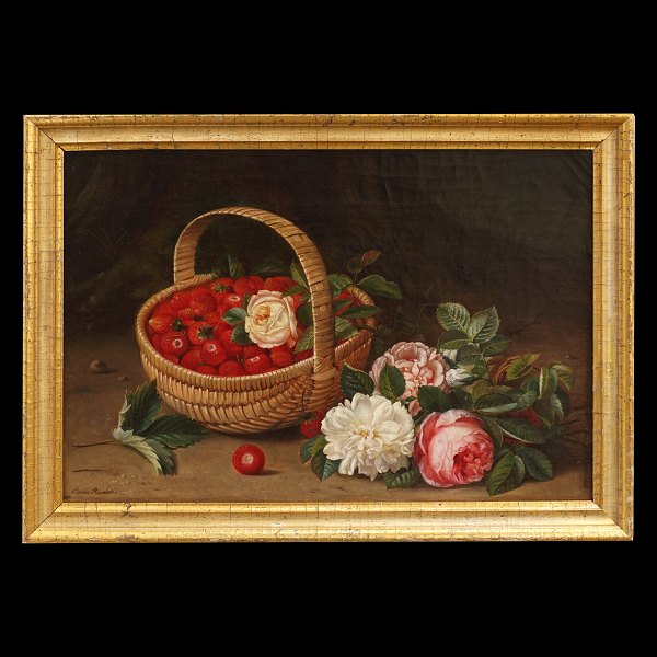 Stilleben med blomster og jordbær i kurv. Olie på lærred. Signeret Emma 
Rønsholdt senere Emma Mulvad, 1838-1903. Lysmål: 29x42cm. Med ramme: 35x48cm