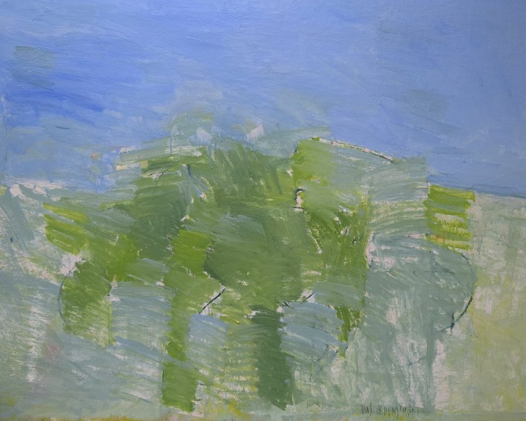 Hans Hedenström, listed Swedish artist. Oil on canvas. Modernist landscape. 
1970s.
