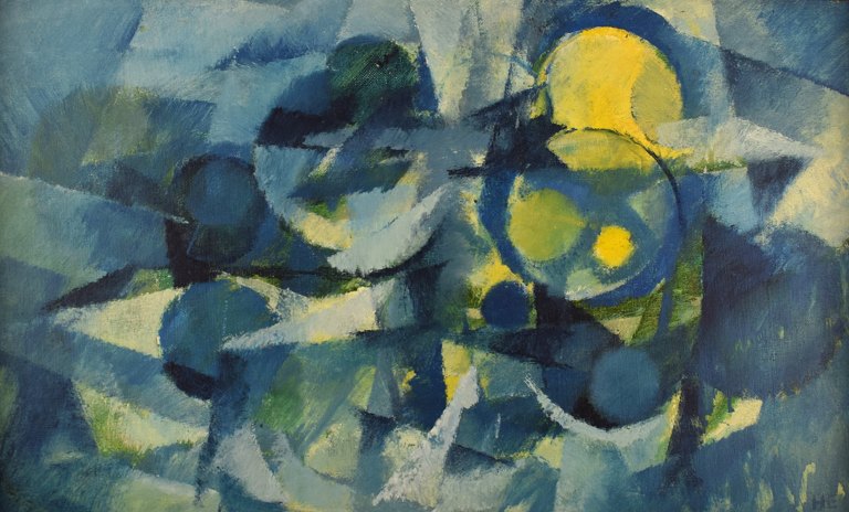 Helge Ernst (1916-1991), dansk kunstner. Olie på lærred. "Impression". Abstrakt 
komposition. Dateret 1972.
