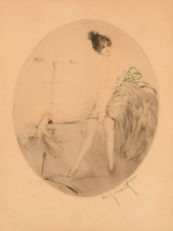 Louis Icart (1888-1950). Radering på papir. Ung kvinde med kakadue. 1930