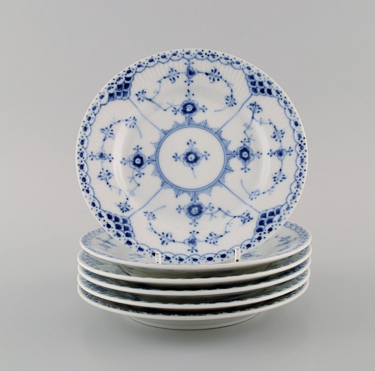 Six Royal Copenhagen Blue Fluted Half Lace Plates. Model number 1/575.
