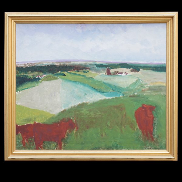 Jens Søndergaard maleri. Jens Søndergaard, 1895-1957, olie på lærred. Landskab 
med køer. Signeret. Lysmål: 80x94cm. Med ramme: 95x109cm