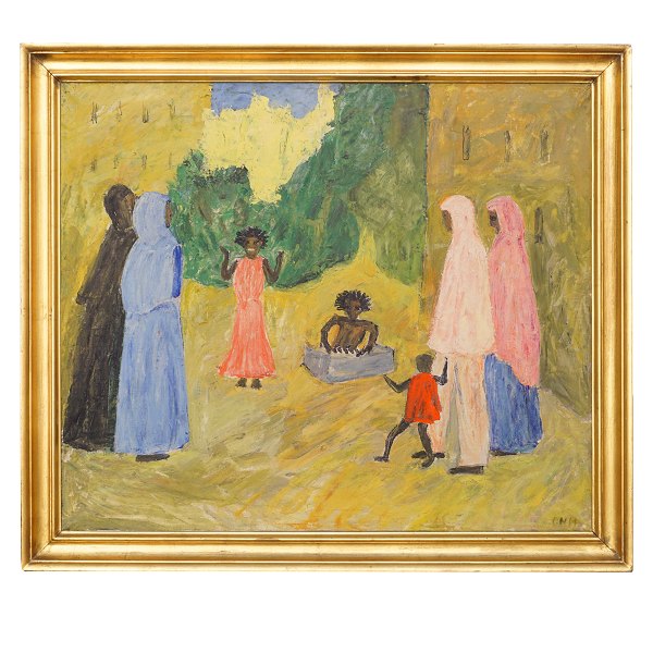 Olivia Holm-Møller, 1875-1970, Öl auf Leinen. Stadtpartie mit Frauen und 
Kindern. Signiert. Lichtmasse: 67x78cm. Mit Rahmen: 79x90cm