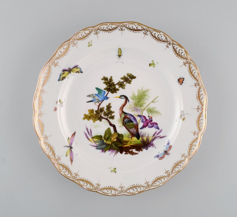 Antik og sjælden Meissen porcelænstallerken med håndmalede fugle, insekter og 
gulddekoration. 1800-tallet.
