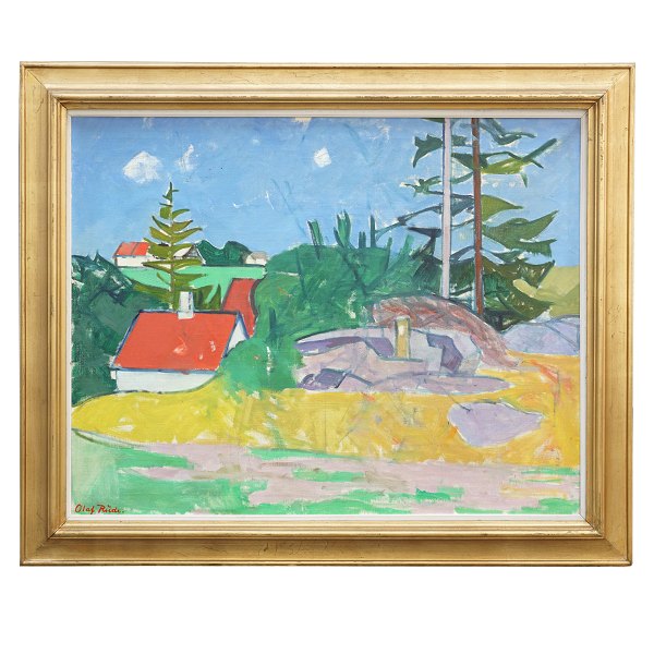 Olaf Rude maleri.
Olaf Rude, 1886-1957, olie på lærred. Landskab fra Bornholm. Signeret.
Lysmål: 72x91cm. Med ramme: 91x110cm