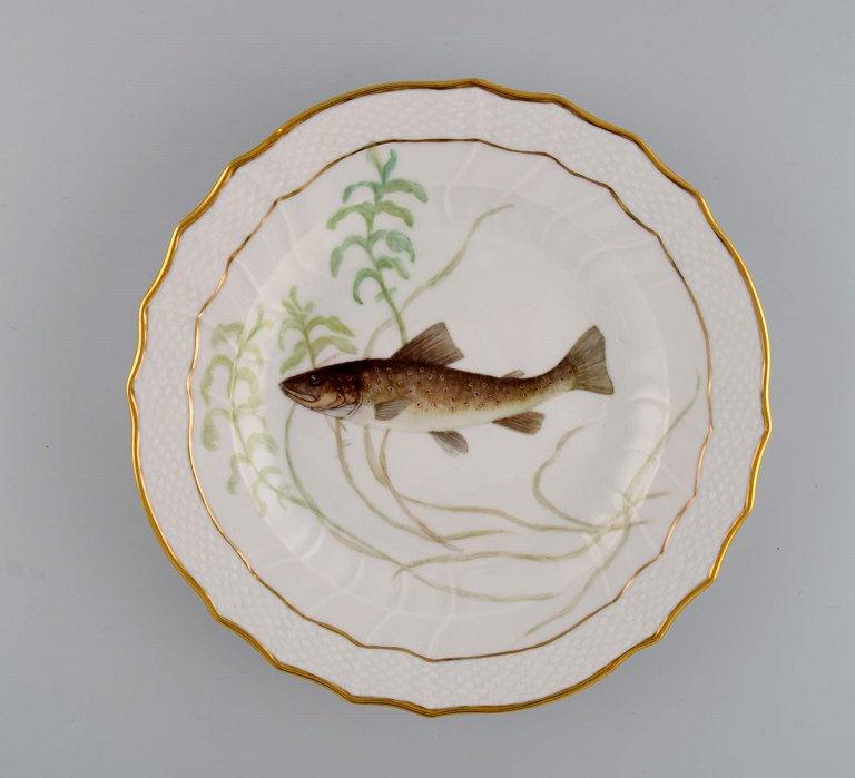 Royal Copenhagen middagstallerken i porcelæn med håndmalet fiskemotiv og 
guldkant. Flora / Fauna Danica stil. Dateret 1951.
