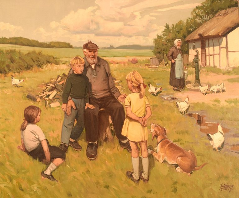 Knud Edsberg (1911-2003), dansk kunstner. Olie på lærred. Dansk sommeridyl hos 
bedsteforældrene. Midt 1900-tallet.
