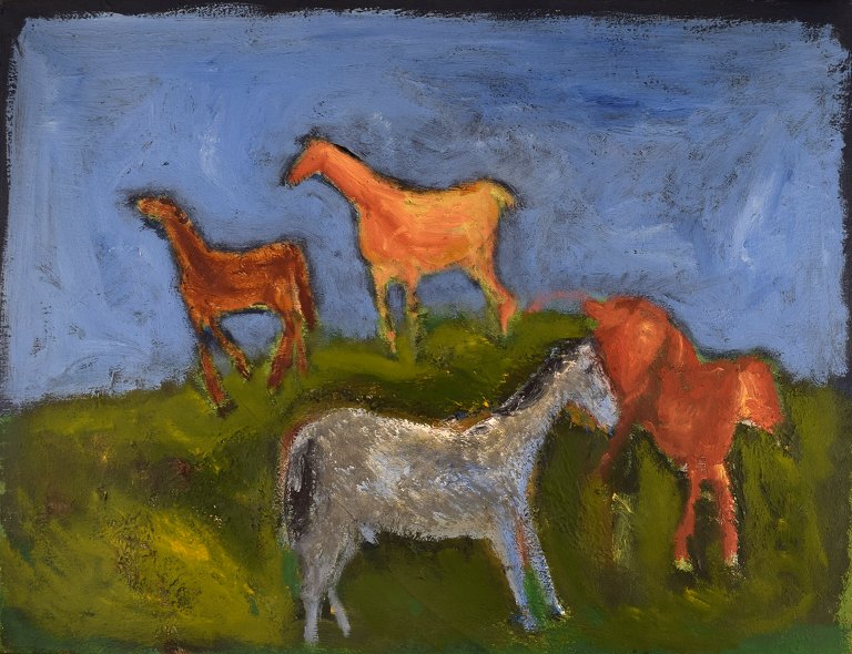 Jens Søndergaard (1895-1957), Denmark. Oil on canvas. Modernist landscape with 
horses. Mid-20th century.
