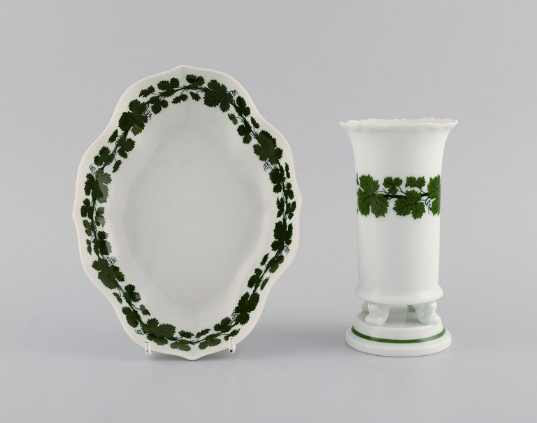 Meissen Green Ivy Vine vase og skål i håndmalet porcelæn. 1940