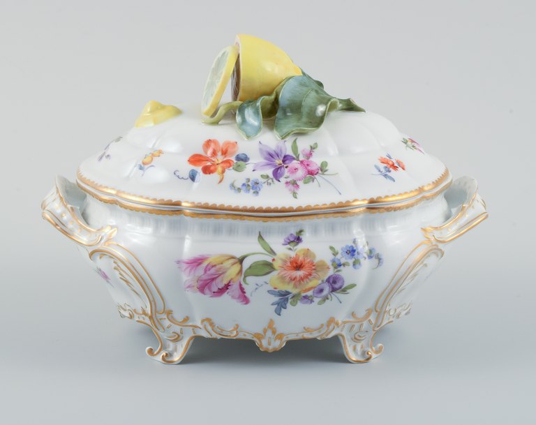 Nymphenburg, Germany, hand-painted porcelain lidded tureen with polychrome 
flowers, lid knob in the shape of a lemon.