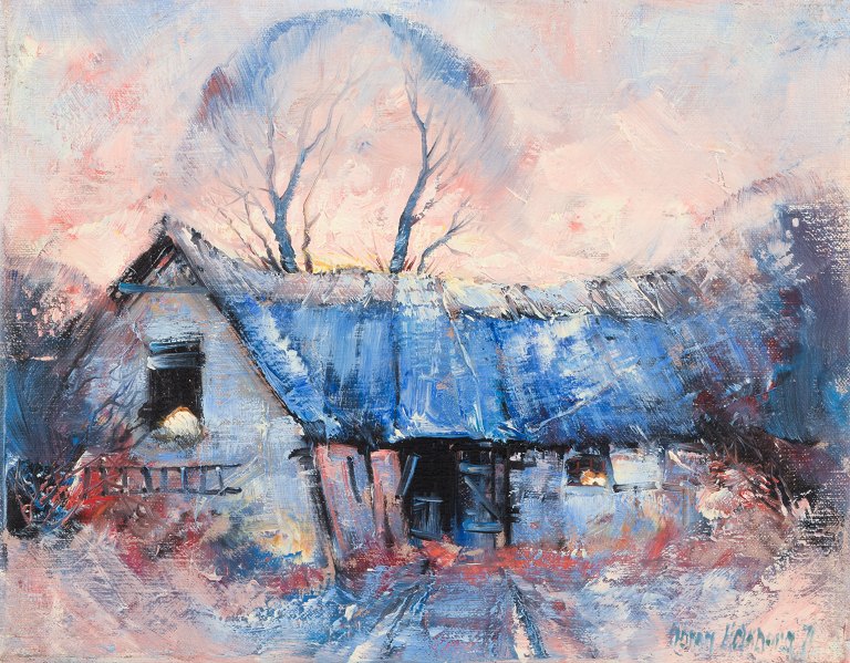 Søren Edsberg (b. 1945), Denmark. Oil on canvas.
Farm at sunset on a cold winters day.