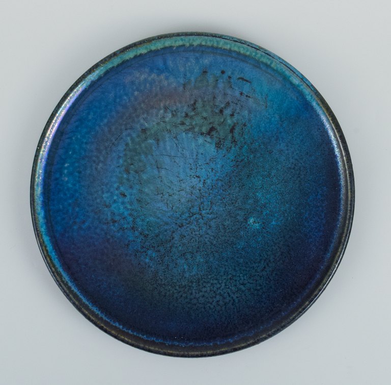 French studio ceramist, unique ceramic dish in crystal glaze with blue shades.