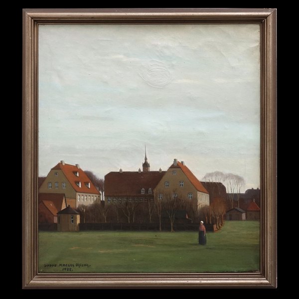 Jeppe Madsen-Ohlsen, 1891-1948, Christiansfeld. Partie aus Christiansfeld, 
Nordschleswig. Signiert und datiert 1938. Lichtmasse: 57x50cm. Mit Rahmen: 
64x57cm