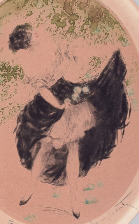 Louis Icart (1888-1950). Radering på papir. Halvnøgen kvinde plukker æbler. Ca 
1920.  
