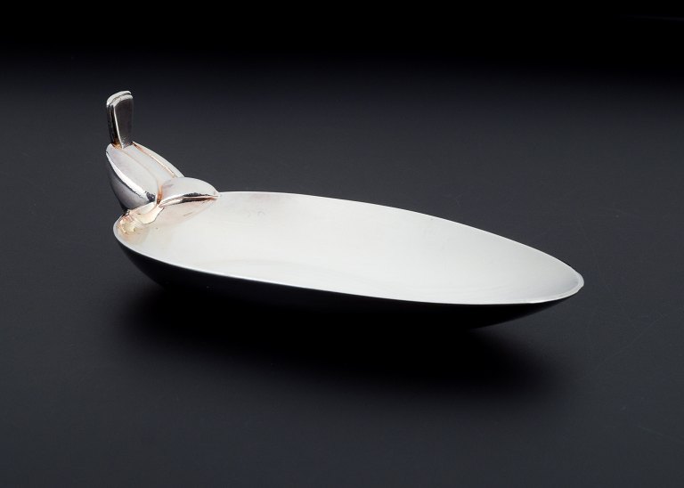 Christofle, Paris, France, small modernist bowl with bird on top. 
Plated silver.