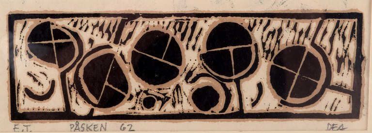 Dea Trier Mørch, listed Danish artist. Woodcut on Japanese paper (washi). 
Abstract motif.
Signed in pencil E.T. - Easter 62 - Dea.