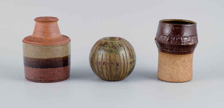 Conny Walther, Danish ceramicist and others, unique ceramics, two ceramic vases 
and a candle holder for tealights.