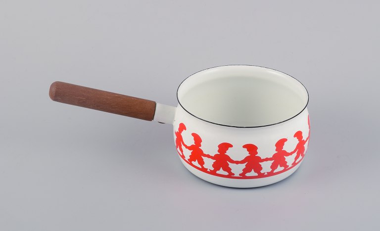 Kaj Franck, for Arabia, "Tonttu" enamelled metal saucepan with wooden handle, 
decorated with dancing gnomes.