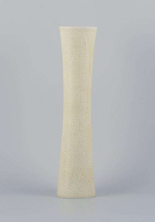 Carl Harry Stålhane for Rörstrand, tall and slender ceramic vase decorated with 
geometric pattern and cream-colored glaze.