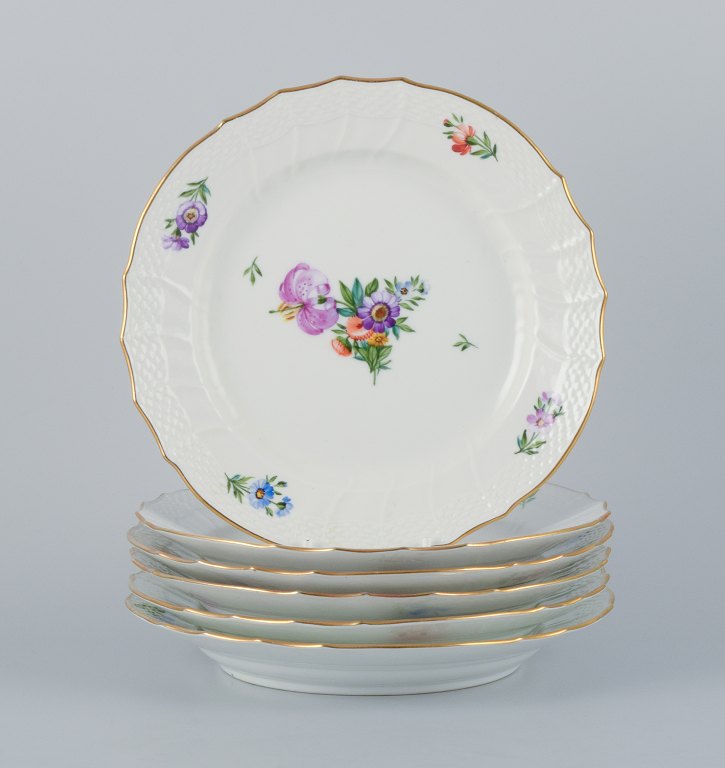 Royal Copenhagen, set of six Saksisk Blomst lunch plates. Hand-painted with 
various polychrome floral motifs.