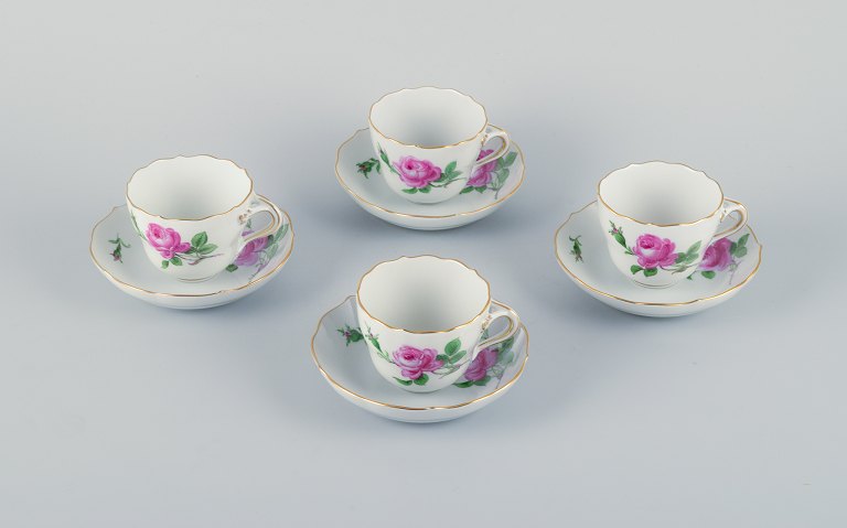 Meissen, "Pink Rose" set of four coffee cups with saucers, hand-painted with 
pink roses.