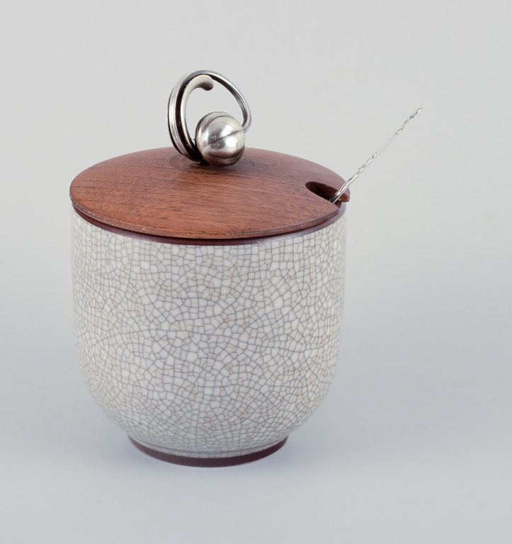 Bing & Grøndahl, marmalade jar in crackle porcelain with wooden lid by Hugo 
Grün, flower knob in 830 silver.