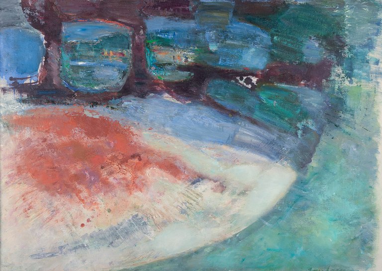Inga Larsson (1927-2005), listed Swedish artist, oil on canvas. Modernist park 
scene.
