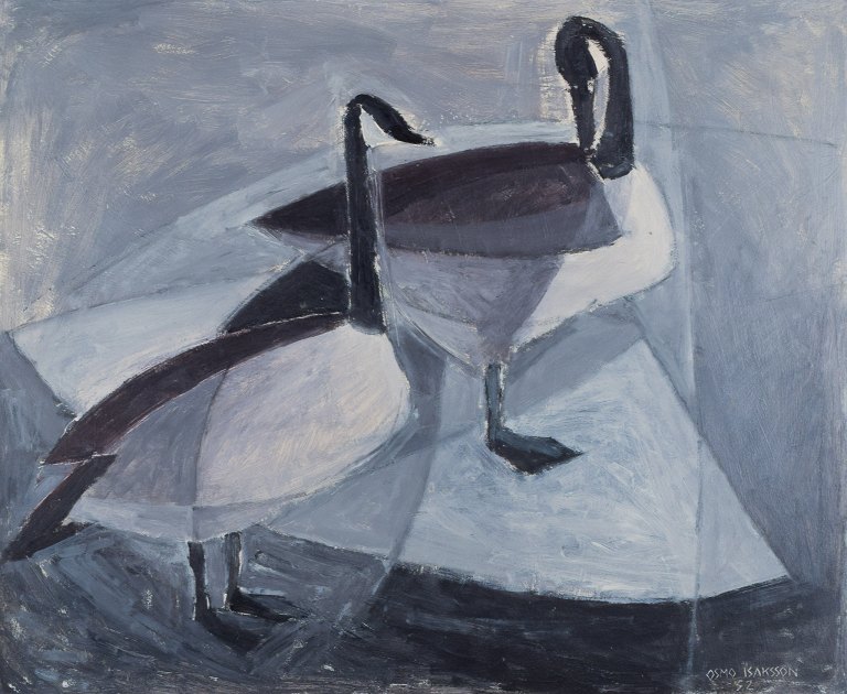 Osmo Isaksson (1918-1997), Finnish-Swedish artist, oil on board. Modernist 
painting with birds on a lake.