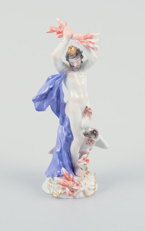 Meissen, Tyskland, håndmalet porcelænsfigur forestillende Zeus med lyn.