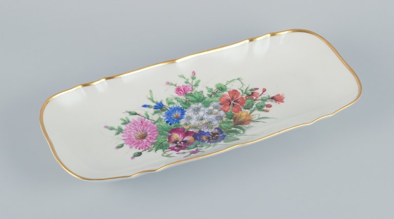 Bing & Grondahl, large rectangular platter hand-painted with polychrome flower 
motifs and gold trim.