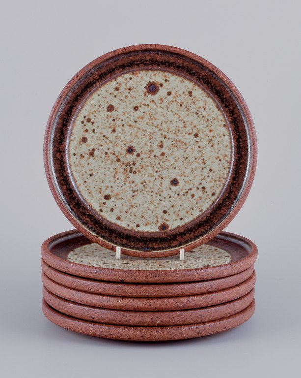 Nysted keramik. Seks unika tallerkner i keramik med brune nuancer.