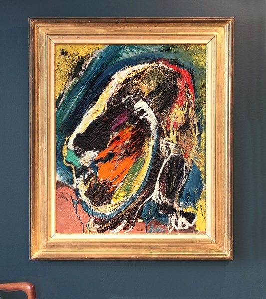 Asger Jorn, 1914-73, olie på lærred. Öl auf Leinen. "Dompteur de Dames". 
Signiert Jorn. Datiert 1961.
Lichtmasse: 91x73cm