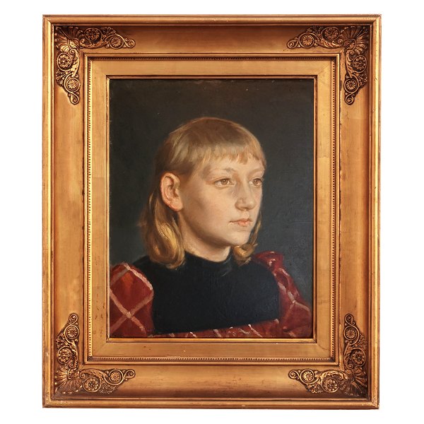 Michael Ancher, 1849-1927, oil on plate. Portrait of a girl. Signed M. Ancher. 
Visible size: 35x27cm. With frame: 50x42cm