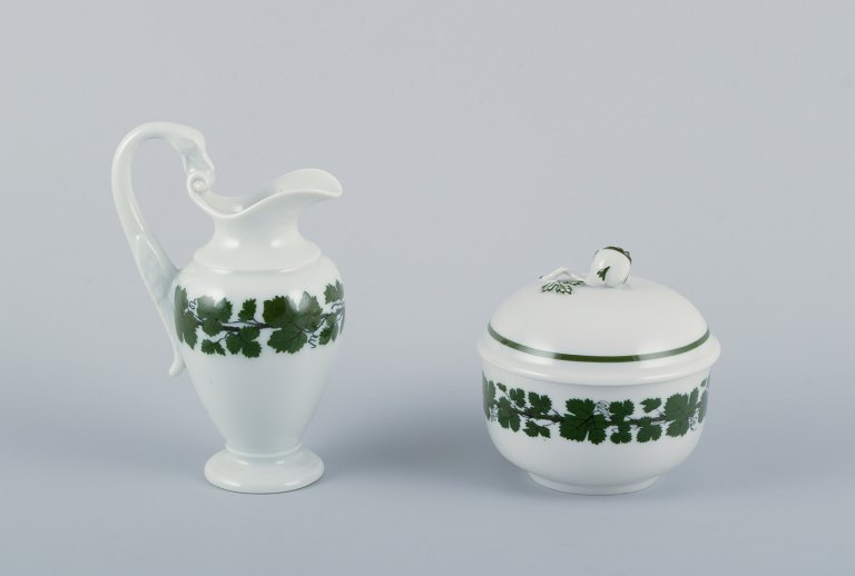 Meissen, Germany, Green Ivy Vine, sugar bowl and creamer with swan-shaped 
handles. Hand-painted.