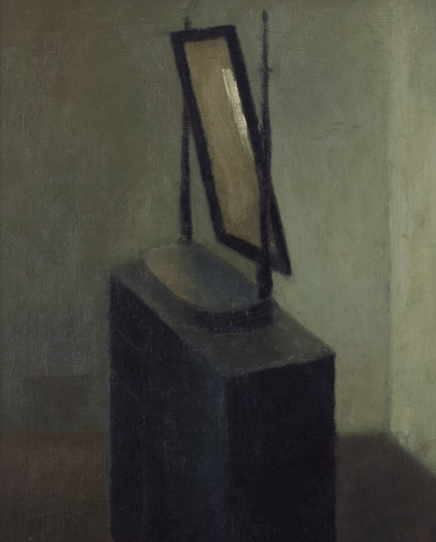 Lars Vidlund, Swedish artist, oil on board. Modernist still life with mirror on 
a pedestal. Dark and subdued tones.