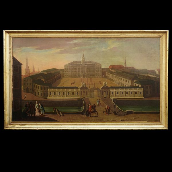 Large view of the castle Christiansborg, Copenhagen, painted circa 1755. Oil on 
canvas. Visible size: 134x78cm. With frame: 147x91cm