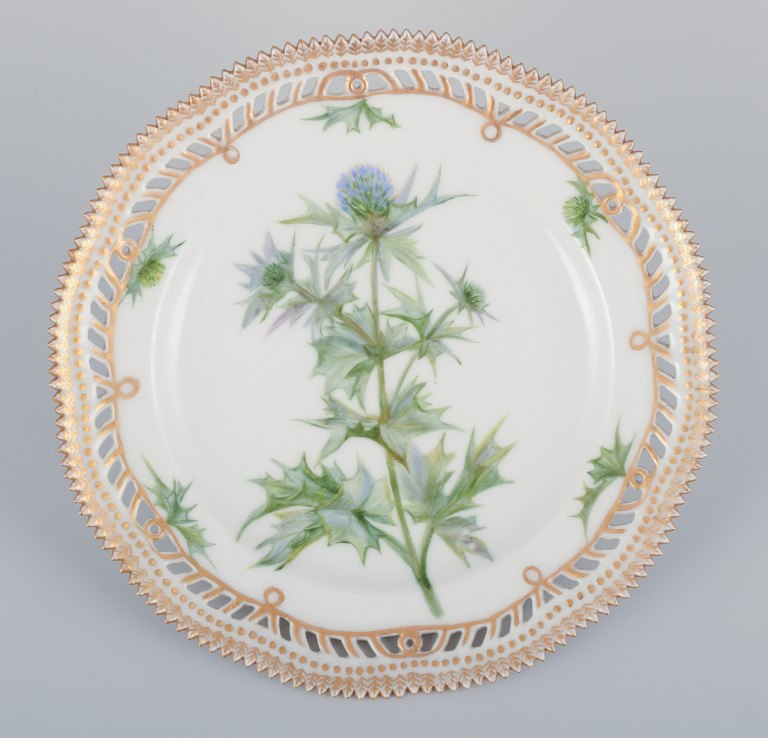 Royal Copenhagen Flora Danica, open lace lunch plate. Latin text. Decorated 
outside the factory.