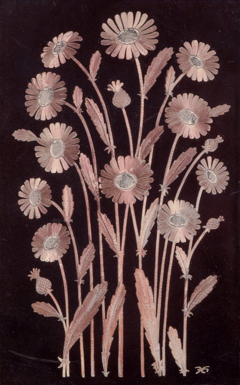 Heinz Erret for Gustavsberg, Sweden. Large ceramic relief. Floral motif 
decorated in silver. Flower "Prästkrage" (Daisy).