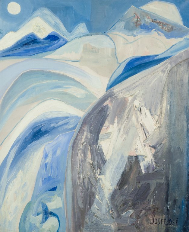 Josef José, fransk kunstner. Olie på lærred.
Sneklædt bjerglandskab i abstrakt stil.