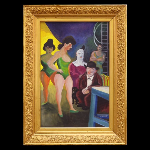 Robert Storm Petersen, 1882-1949, oil on canvas. "Behind the Arena" 1942. Signed 
"Storm P.". Visible size: 87x67cm. With frame: 112x92cm