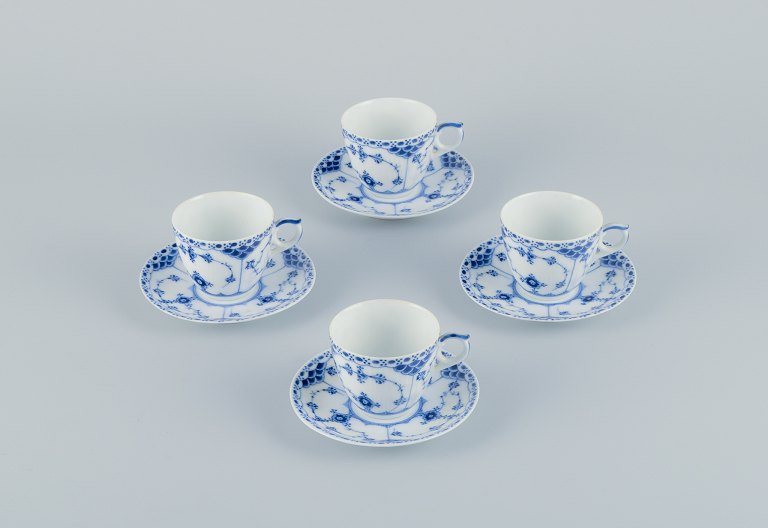 Royal Copenhagen Blue Fluted Half Lace. A set of four coffee cups with  saucers.