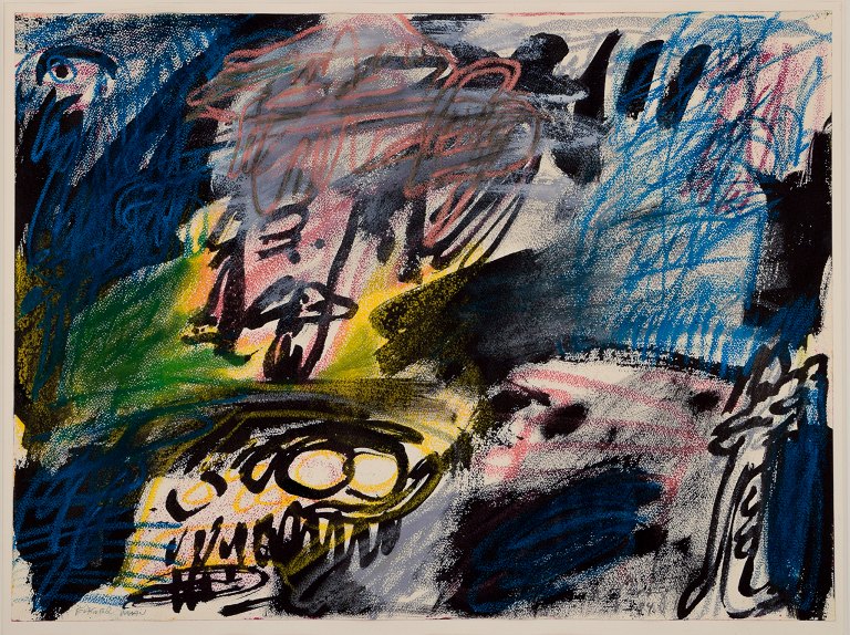 Peter Nyborg, dansk kunstner. Gouache og oliekridt på papir.”Eager Man”. Abstrakt komposition. Koloristisk palette.